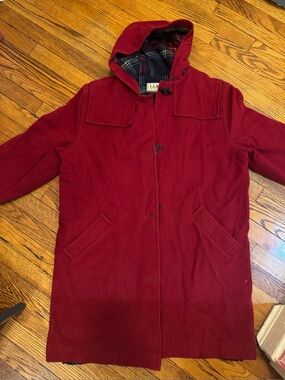 L.L. Bean Red Hooded Wool Toggle Coat Large